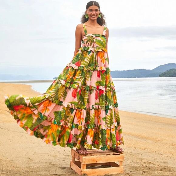 Farm Rio Cocoa Forest Ruffle Floral Maxi Dress - Picture 2 of 9